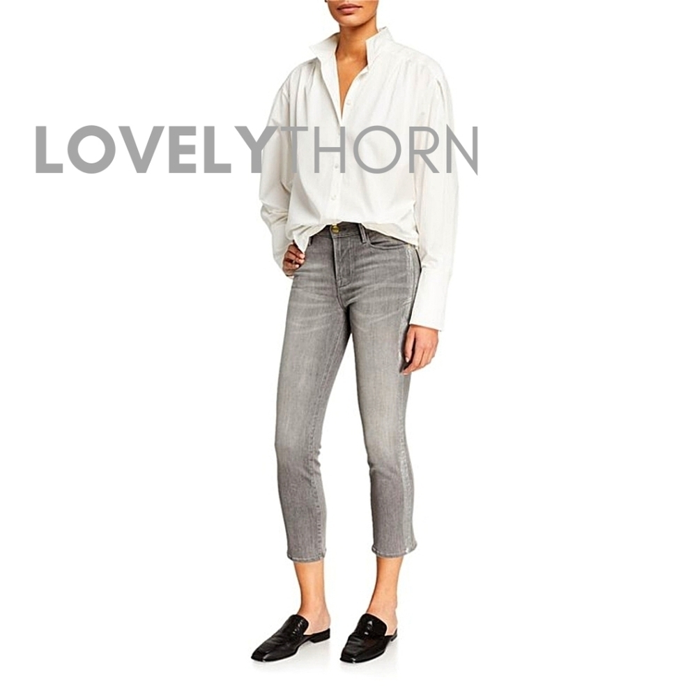 FRAME // le high straight leg foil tuxedo stripe crop grey jeans - Picture 16 of 16
